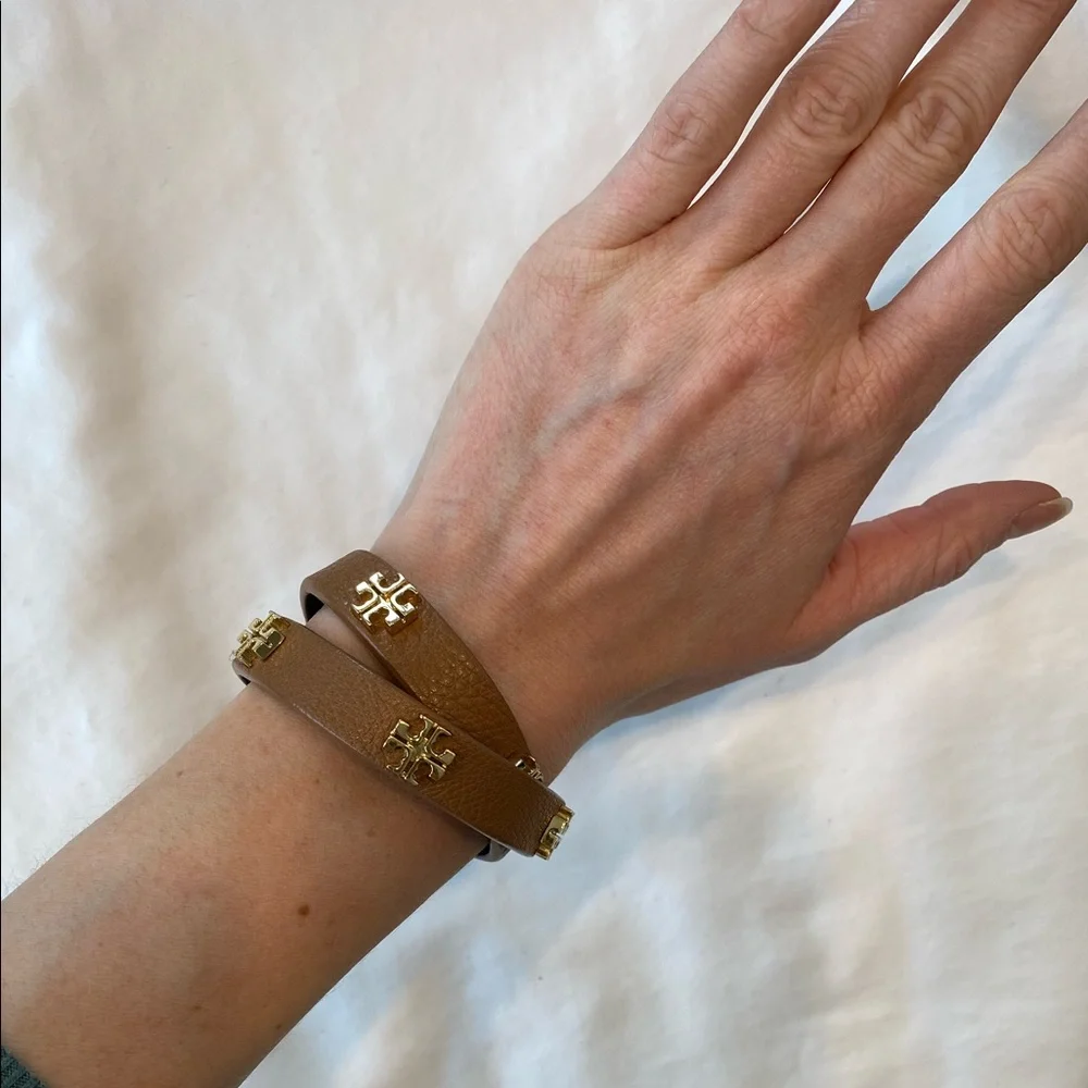 Tory Burch Double Wrap Logo Bracelet Leather Tan Gold - Picture 3 of 12